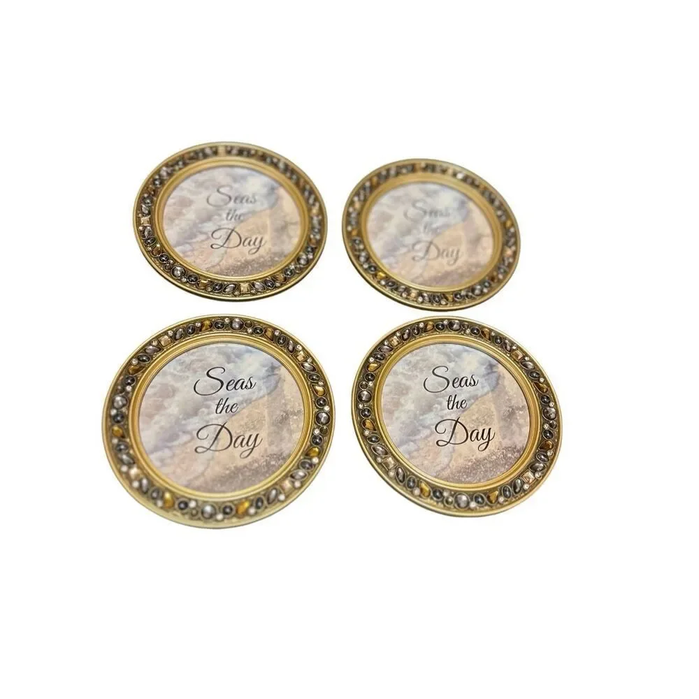 Dickson Gifts Seas The Day Amber Goldtone 4.5 Inch Jeweled Coaster Set of 4 NWOT